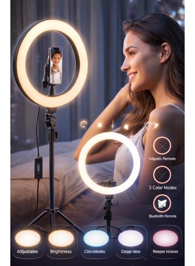 10 Inch LED Ring Fill Light with Tripod Stand & Phone Holder – 3 Color Modes, Adjustable Brightness, USB Powered Selfie Ring Light for TikTok, Live Streaming, Makeup & Photography - Image 4